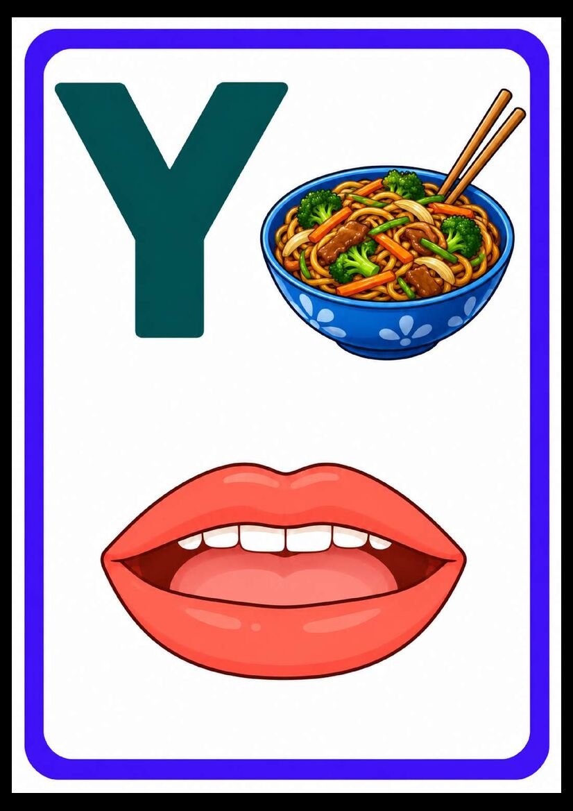 Alfabeto das boquinhas letra Y com tigela de yakisoba e boca aberta